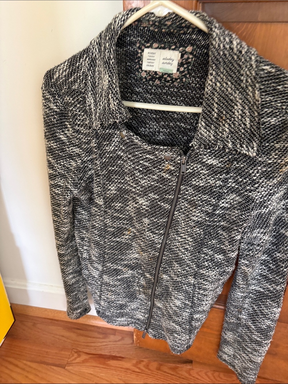 Marled Black & White Knit Zip-Front Bomber Jacket
